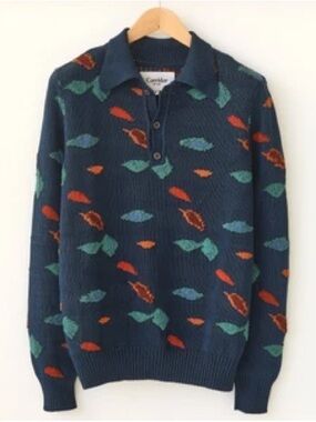 Corridor Fall Foliage Knit Polo Sweater Men's S Navy Cotton Peru Rare
